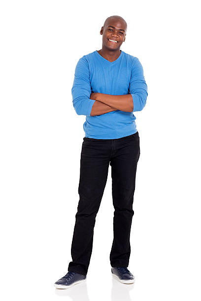 full length portrait of afro american man standing on white